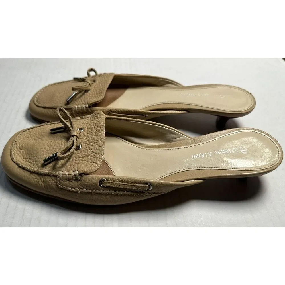 Etienne Aigner Walton Mules Beige Leather Round Apron Toe Low Heel Shoes Sz 9.5M